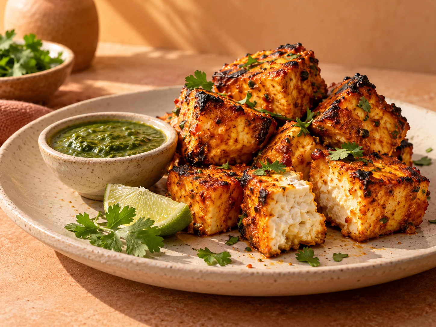 Grilled paneer with green chutney
