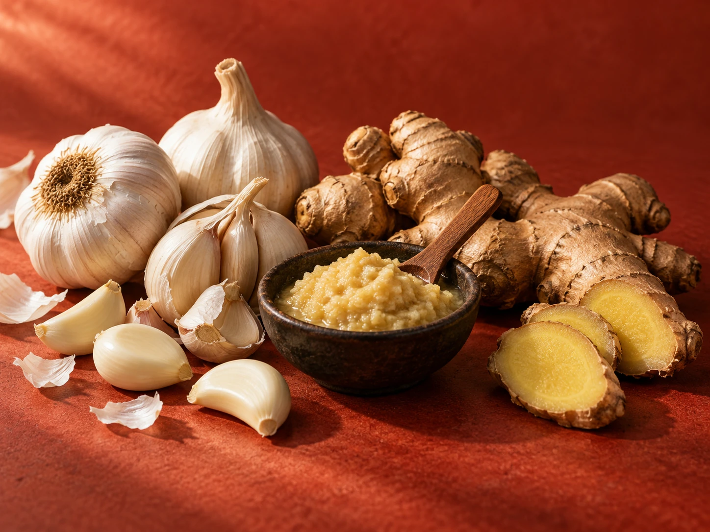 Fresh ginger, garlic and a bowl of paste